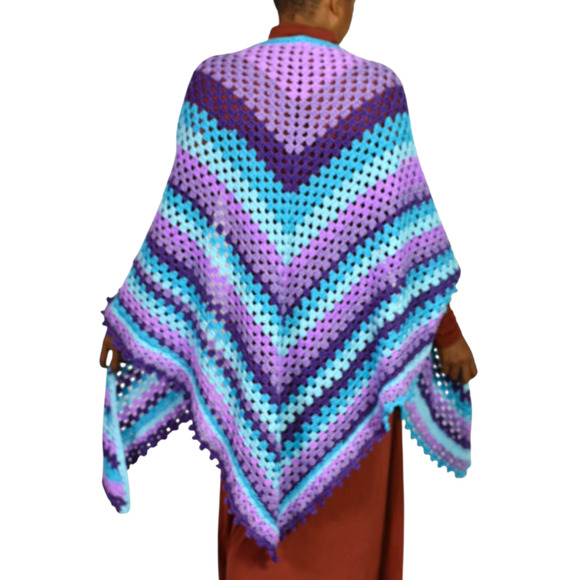Hand Knit Crochet Shawl Blue Ombre Blanket Wrap Triangle Granny Squares One Size - Picture 10 of 16
